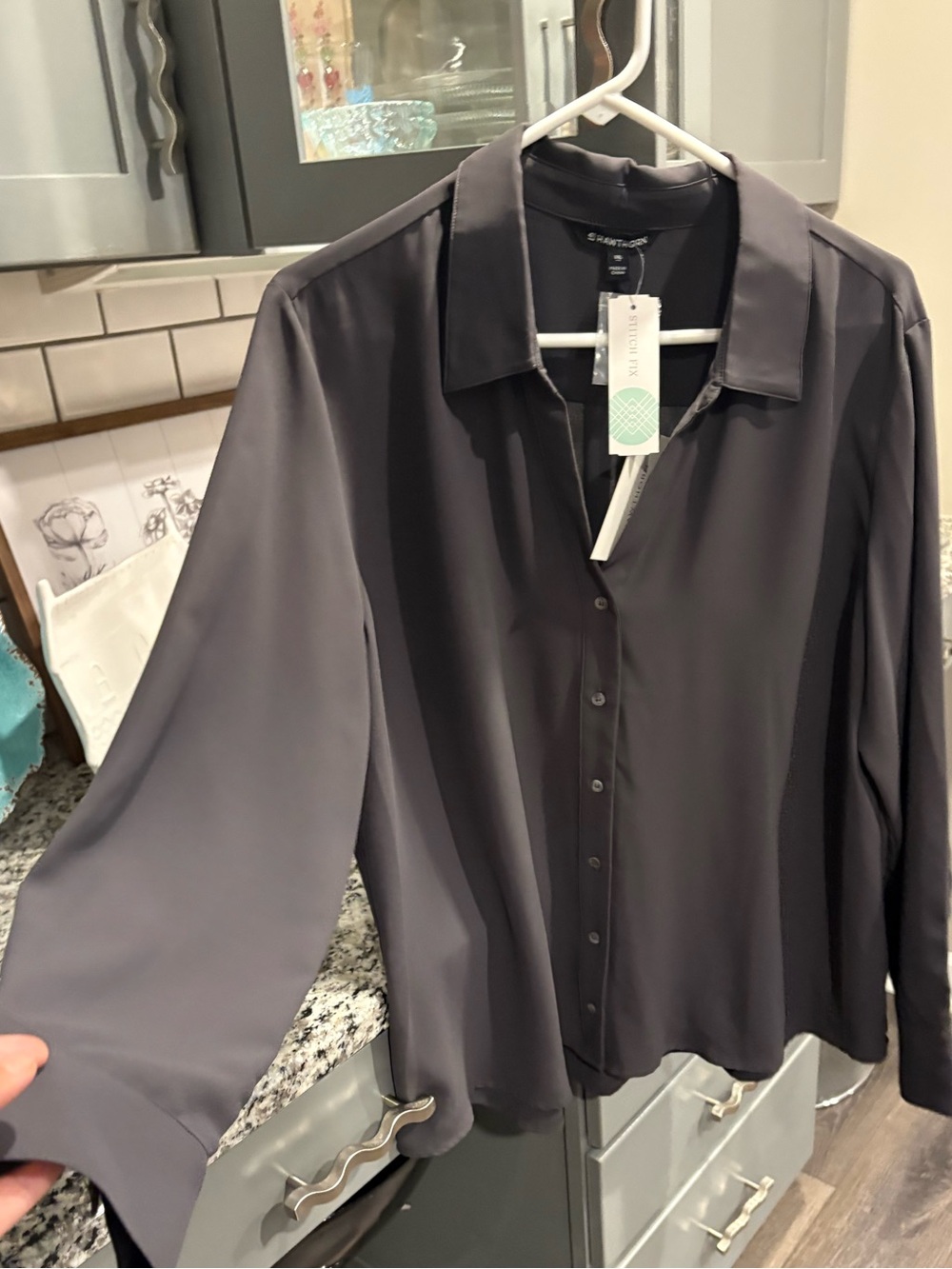 Smooth Button Front Blouse in Charcoal